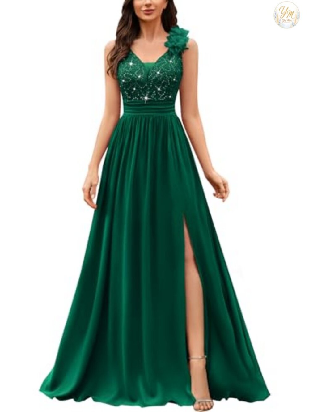 Miusol V-Neck Sequin Lace A-Line Formal Maxi Dress Sleeveless Evening Gown